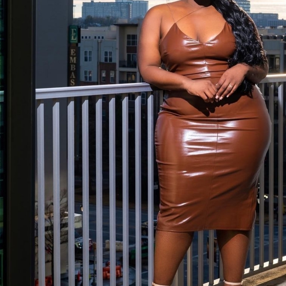 Spaghetti Strap Brown Faux Leather Midi Dress